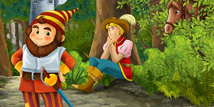 Cartoon fairy tale scene with prince encountering hidden tower and dwarf warrior illustration for children