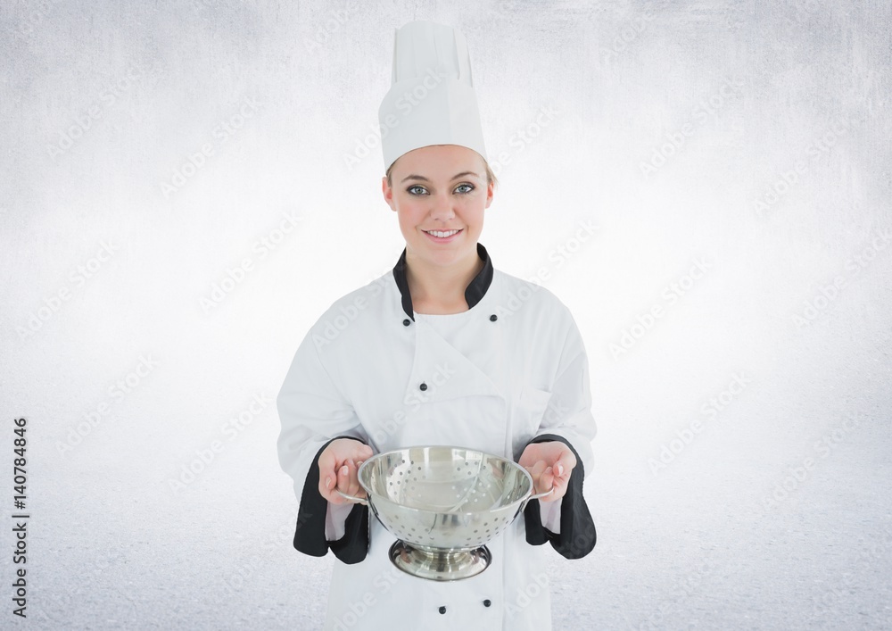 Poster composite image of chef with sieve against white background