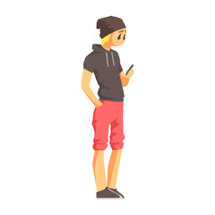 Guy With Smartphone In Short-Sleeve Hoodie, Young Person Street Fashion Look With Mass Market Clothes