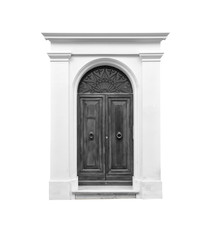 Wooden door in an old Italian house, isolated on white background, clipping path. Black and white.