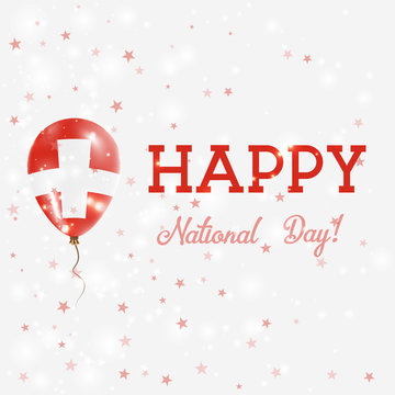 Switzerland National Day patriotic poster. Flying Rubber Balloon in Colors of the Swiss Flag. Switzerland National Day background with Balloon, Confetti, Stars, Bokeh and Sparkles.