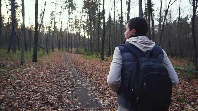 Adult man walks along the autumnal forest to get new impressions of nature.