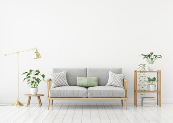 Scandinavian style livingroom with fabric sofa, pillows, golden lamp and green plants on white wall background. 3d rendering. - obrazy, fototapety, plakaty
