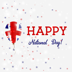 United Kingdom National Day patriotic poster. Flying Rubber Balloon in Colors of the British Flag. United Kingdom National Day background with Balloon, Confetti, Stars, Bokeh and Sparkles.