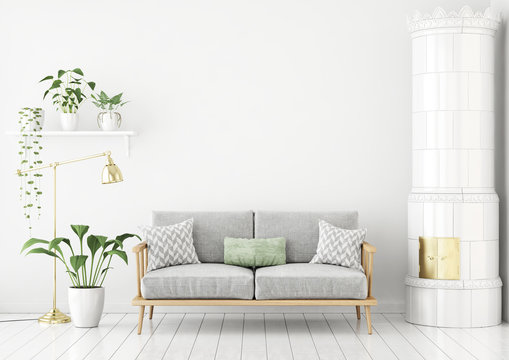 Scandinavian style livingroom with fabric sofa, pillows, green plants and traditional stove. 3d rendering.