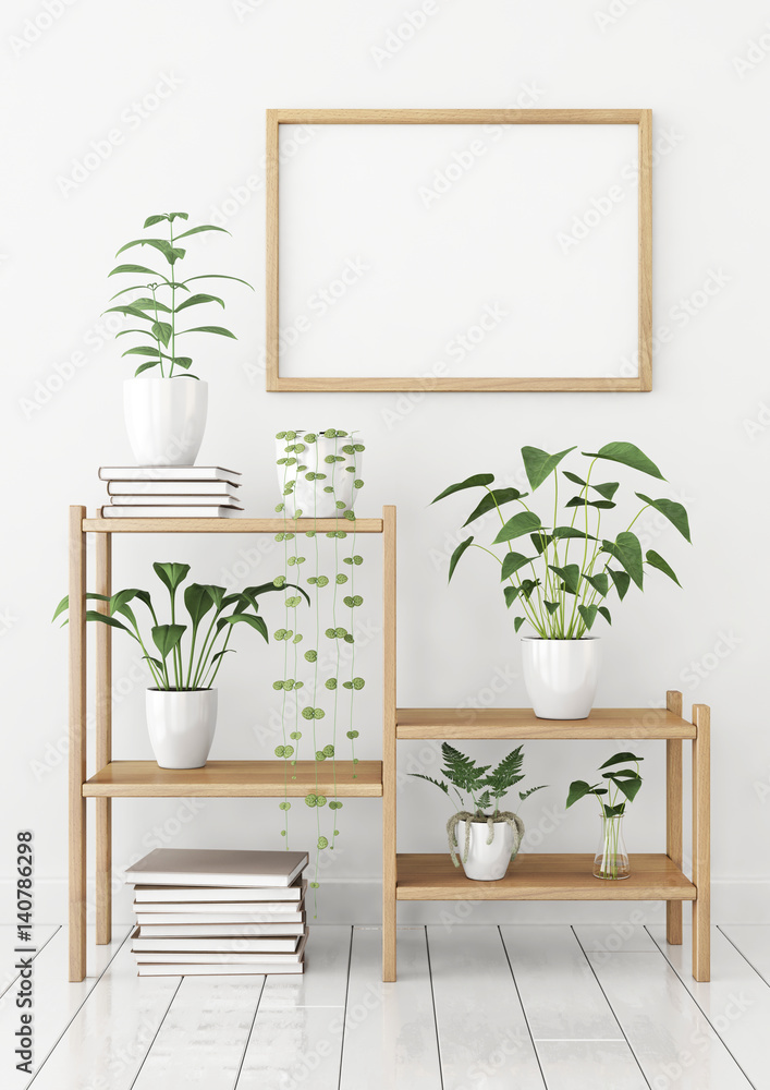 Poster Horizontal poster mock up in nordic style with wooden frame and green plants on stellage. 3d rendering.