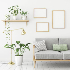 Three frames poster mock up in scandinavian livingroom interior with sofa and green plants. 3d rendering.