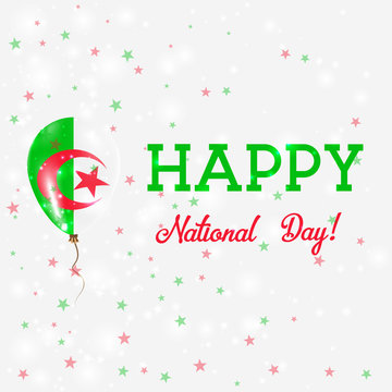 Algeria National Day patriotic poster. Flying Rubber Balloon in Colors of the Algerian Flag. Algeria National Day background with Balloon, Confetti, Stars, Bokeh and Sparkles.