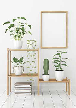 Vertical poster mock up in nordic style with wooden frame and green plants on stellage. 3d rendering.