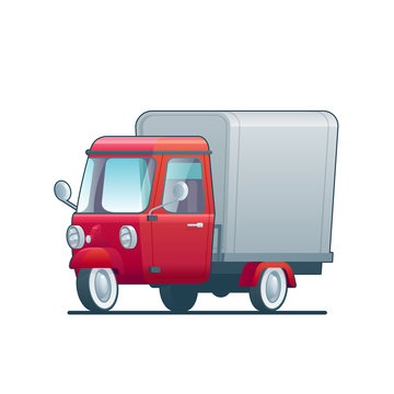 Cartoon delivery red tricycle on white background