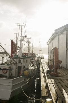 Trawler moored by pier in sea against sky