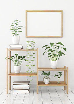 Horizontal poster mock up in nordic style with wooden frame and green plants on stellage. 3d rendering.