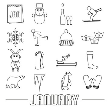 january month theme set of simple outline icons eps10