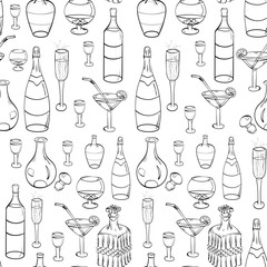 Hand-Drawn Black Glasses, Bottles and Glass Decanters. Seamless Background. Sketch Drawing Glasses isolated on White. Vector Illustration.