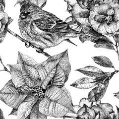 Nahtloses Muster mit verschiedenen Blumen, Vögeln und Pflanzen, die von Hand mit schwarzer Tinte gezeichnet wurden. .Grafisches Zeichnen, Technik des Pointillismus. Kann für Musterfüllungen, Hintergrundbilder, Webseiten und Oberflächentexturen verwendet w