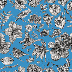 Seamless pattern with different flowers, birds and plants drawn by hand with black ink. .Graphic...
