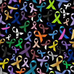 cancer awareness various color and shiny ribbons for help seamless dark pattern eps10