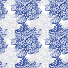 Seamless pattern with different plants drawn by hand with black ink. .Graphic drawing, pointillism...