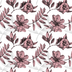 Seamless pattern with different flowers and plants drawn by hand with black ink. .Graphic drawing, pointillism technique. Can be used for pattern fills, wallpapers, web .page, surface textures