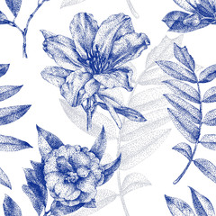 Seamless pattern with different flowers and plants drawn by hand with black ink. .Graphic drawing,...