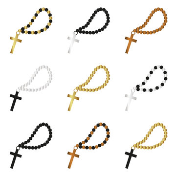 various color silver gold and bronze religion cross and rosary symbols eps10