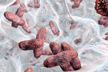 Biofilm containing bacteria Klebsiella, 3D illustration. Gram-negative rod-shaped bacteria which are often nosocomial antibiotic resistant