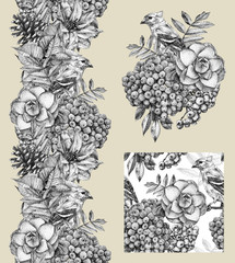 Set of border, pattern, and illustration with different flowers, birds and plants .drawn by hand...