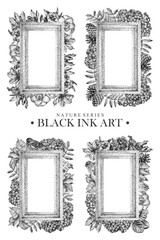Set of rectangular frames with dotted flowers, birds and plants drawn by hand with black ink. Graphic drawing, pointillism technique. Floral background in dotwork style. Black and white