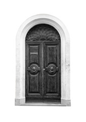 Wooden door in an old Italian house, isolated on white background, clipping path. Black and white.