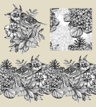 Set of border, pattern, and illustration with different flowers, birds and plants .drawn by hand with black ink. Graphic drawing, pointillism technique. Set of floral .elements to create compositions.