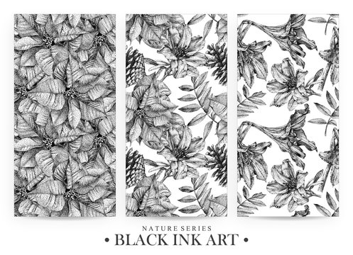 Set of seamless patterns with dotted flowers, birds and plants drawn by hand with black ink. Graphic drawing, pointillism technique. Floral background in dotwork style. Black and white