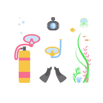 Symbols flat design icons set. Vector infographics sports equipment for deep-sea diving elements. Cylinder with air for breathing, tube, mask, fins.
