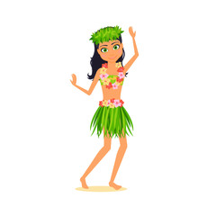 Girl character. Cartoon vector flat infographic illustration travel. Woman in Hawaii, garland of flowers, national skirt and wreath of leaves. Isolated on white background.