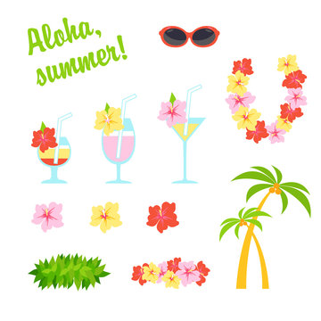 Vector Flat Set. Cartoon Illustration Travel. Holidays In Hawaii, National Garland Of Flowers And Wreath Of Leaves. Tropical Cocktails Decorated With Flowers. Sunglasses And A Palm Tree With Coconuts.