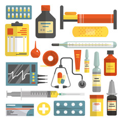 Vector set of hospital and medical icons in flat style