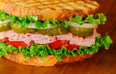 sandwich with whole grain bread wood platter