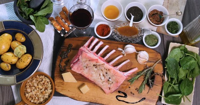 Top down zoom in view of ingredients for minted rack of lamb