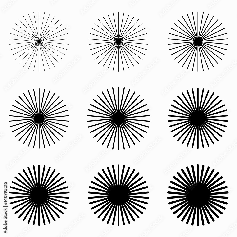 Poster set of 9 radial, radiating lines elements. circular lines patterns.