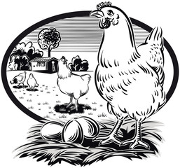 oval frame with hen on nest with eggs.