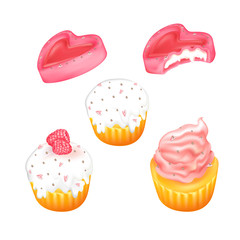 Vector set bitten chocolates and cakes. Isolated objects on a white background. Candy in pink frosting with hearts and pearl of balls. Cream cakes, berries and shiny decoration.