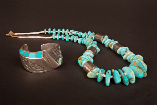 Antique Native American Sterling Silver Hollow-Form Cuff Bracelet with Overlay and Turquoise Inlay, and Large Turquoise Nugget and Silver Necklace. 
