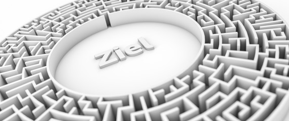 Labyrinth oder Irrgarten mit Zentrum oder Ziel - Konzept Herausforderung, Unordnung oder Erfolg