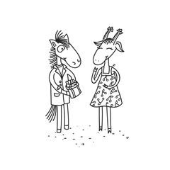 Vector funny illustration of  characters - animals goat and horse giving each other presents