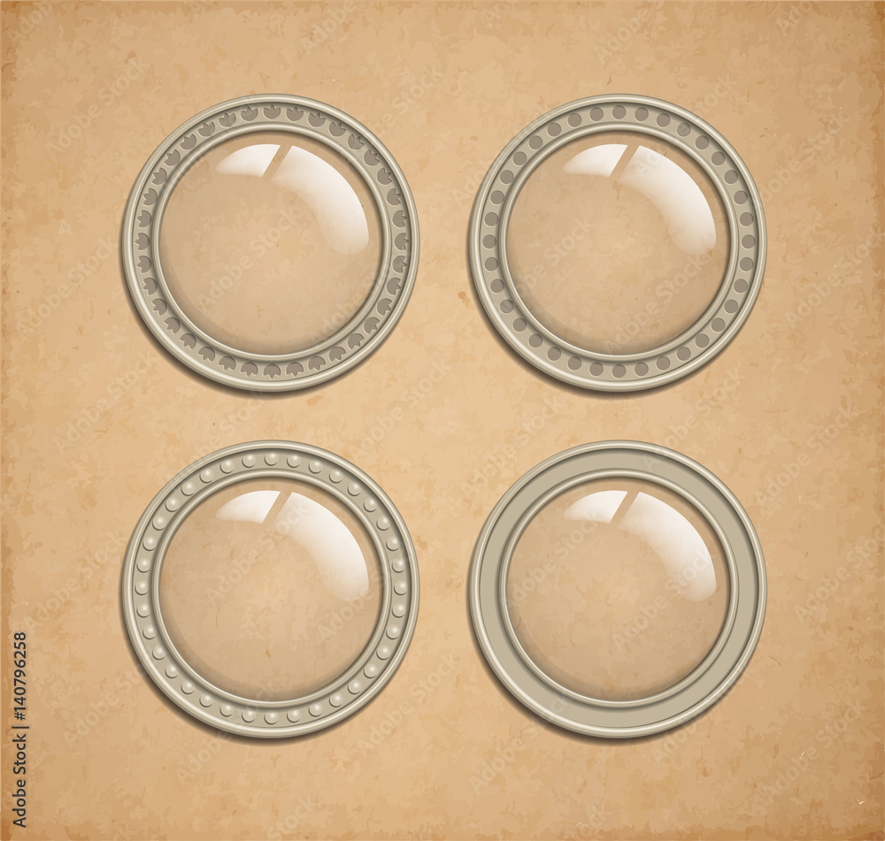 Wall mural set of vector glass transparent button in metal frame, round illuminator icon element for web, game 