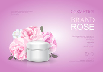 Rose moisturizing cream template, skin care ads. Pink beauty cosmetic product poster vector illustration