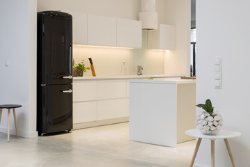 White kitchen with black fridge