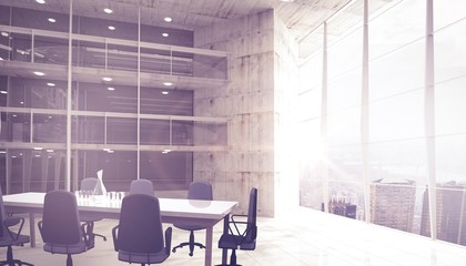 Composite image of empty office chairs and table