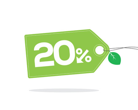 Green price tag label with 20% text designed with an arrow percent icon and stitches on it with a leaf and shadow isolated on white background. For spring and summer sale campaigns.