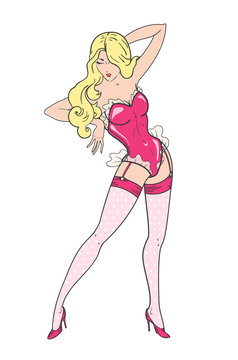 Vector retro pin-up woman illustration - sexy dancing blonde in pink lingerie, corset and stocking