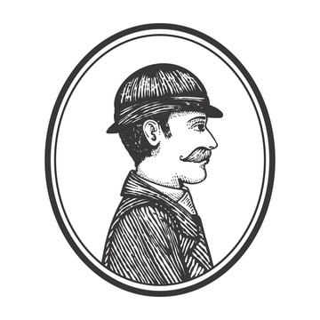 recommend clip art: Vector illustration of vintage engraved man in bowler hat and coat, round frame isolated on white, hand drawn clip art